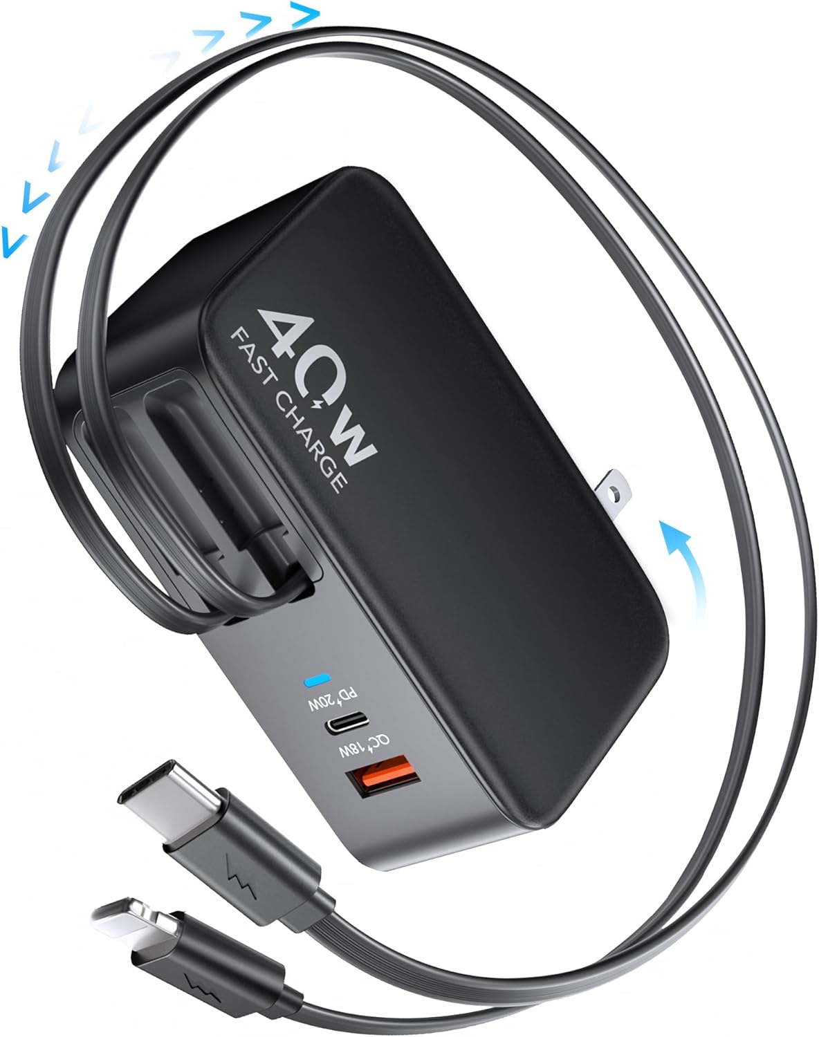 Cargador de pared retráctil 4 en 1 para iPhone 17 USB C, multipuert...
