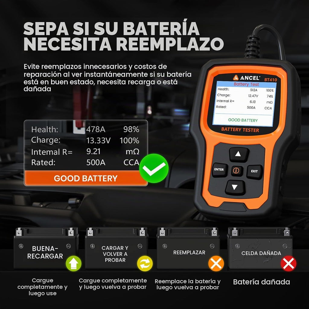 ANCEL BT410 - Probador de batería de coche de 12 V 24 V para baterí...
