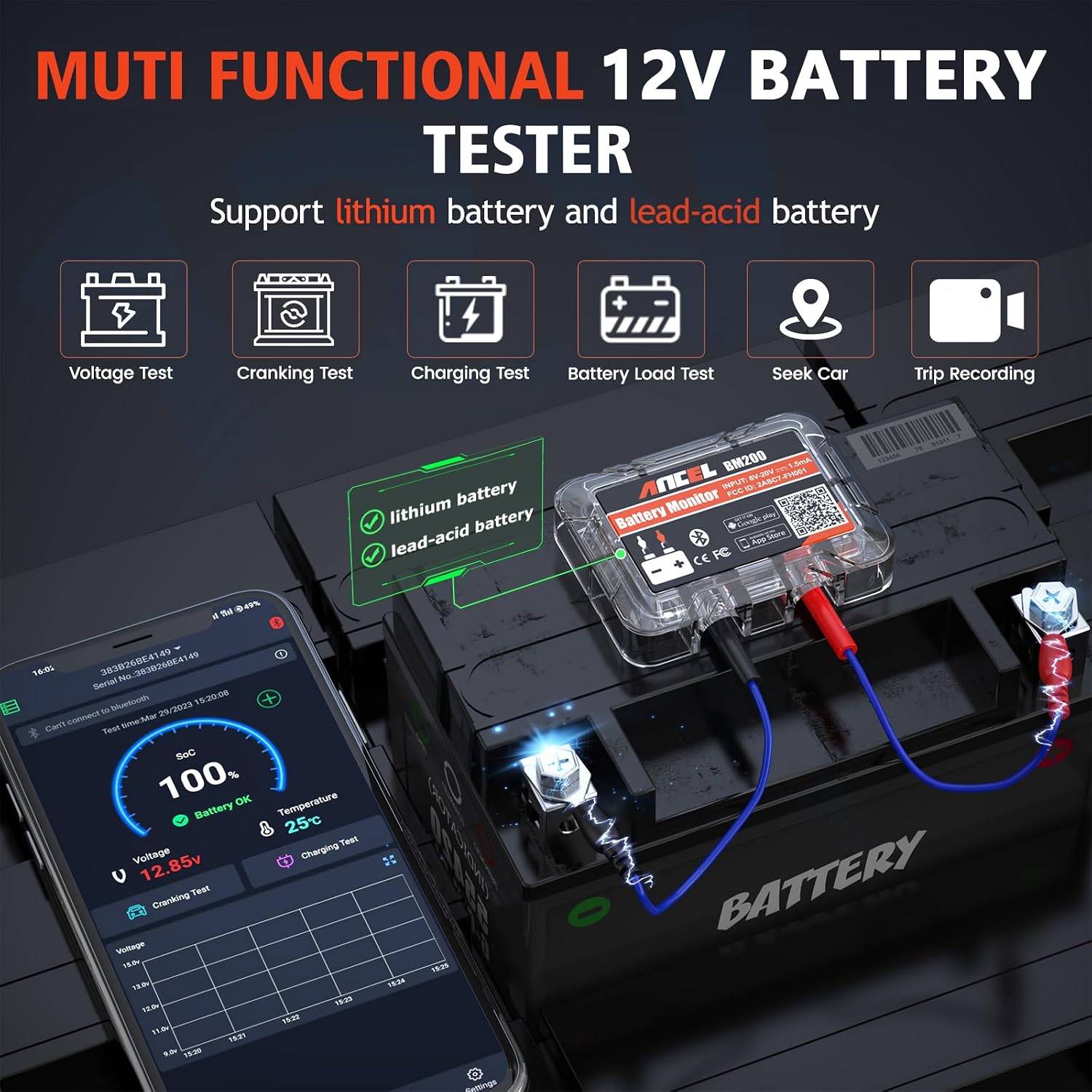 ANCEL BM200-US - Probador de batería de automóvil de 12V, monitor d...