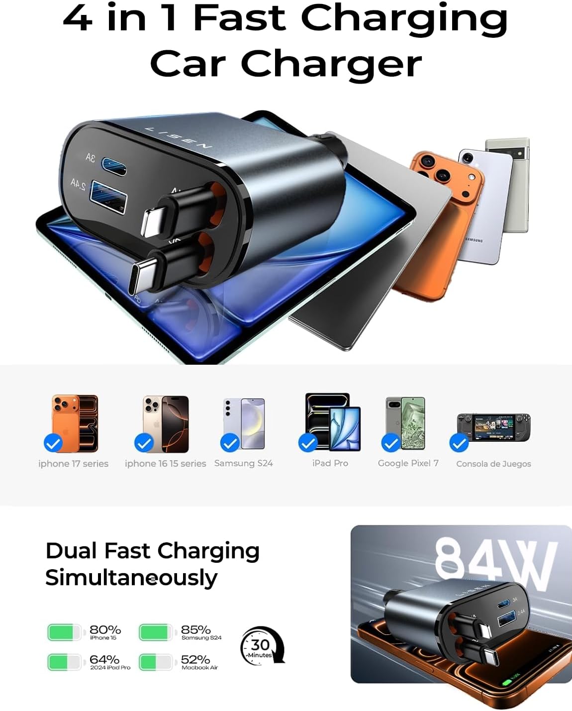 LISEN - Cargador retráctil para automóvil, adaptador de cargador de...