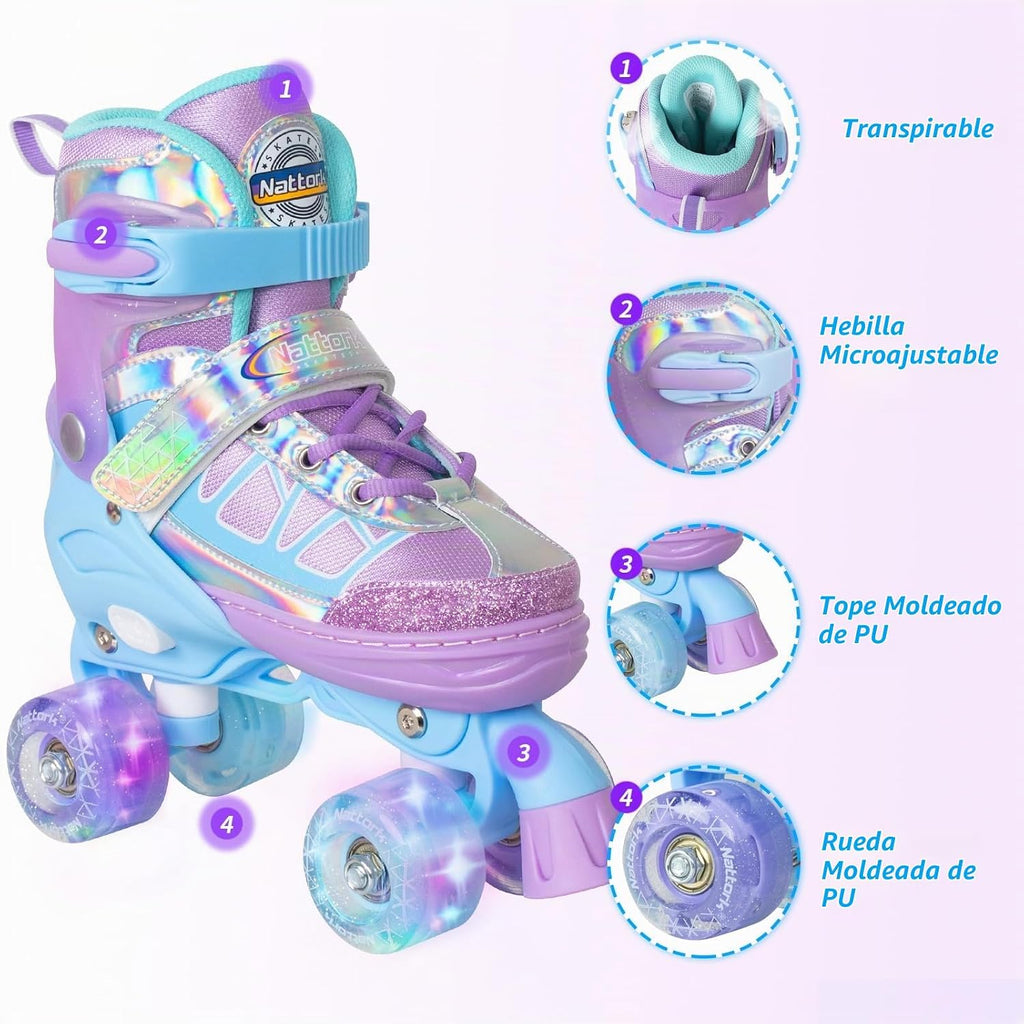 Nattork Patines de ruedas para niños y niñas, 4 tamaños ajustables...