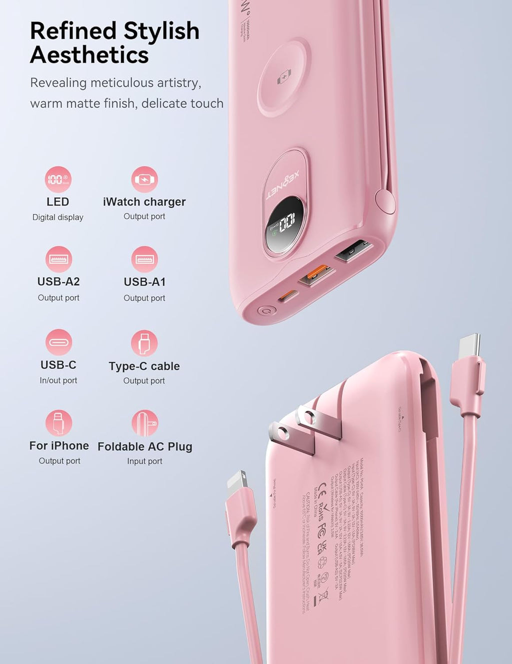 Cargador Portátil XEGNER 10000mAh 20W, Enchufe de Pared, 2 Cables,...
