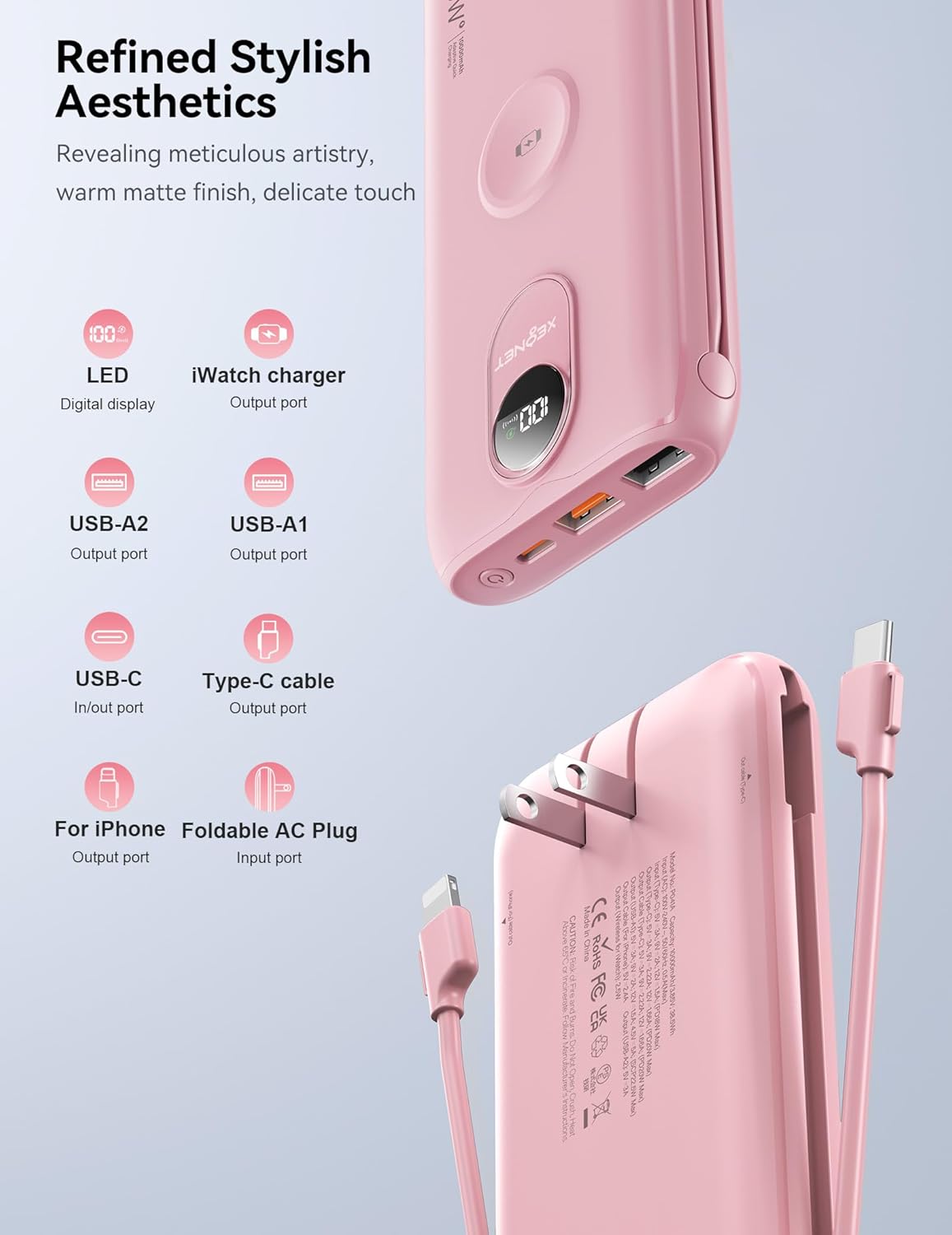 Cargador Portátil XEGNER 10000mAh 20W, Enchufe de Pared, 2 Cables,...