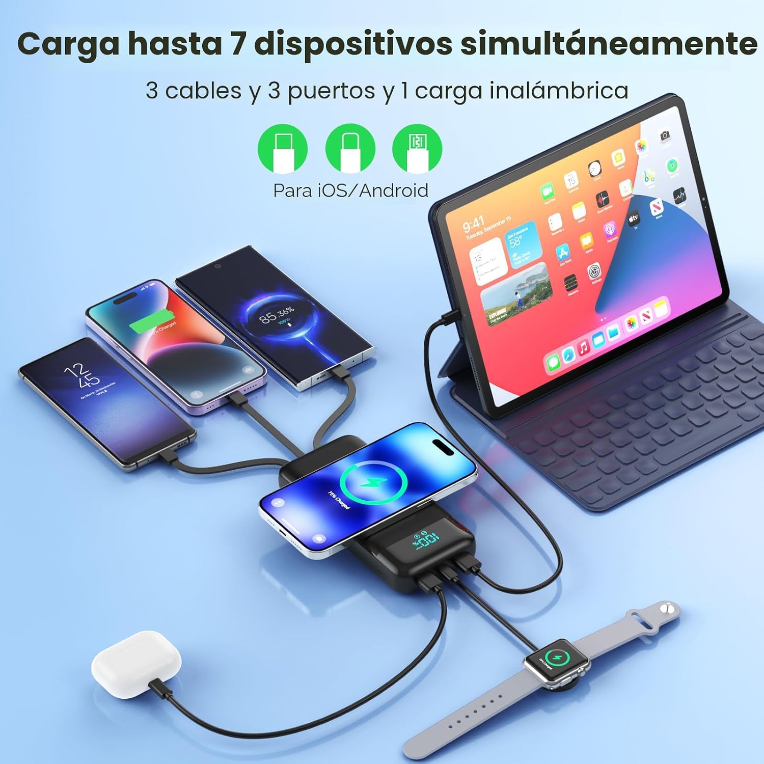 Cargador portátil inalámbrico de 40800 mAh con 3 cables integrados,...