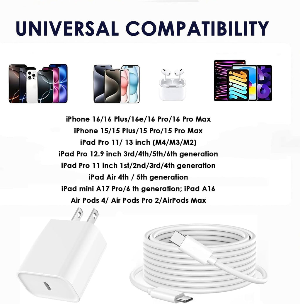 Cargador rápido para iPhone 17 16 15 de 10 pies, cargador de 20 W p...