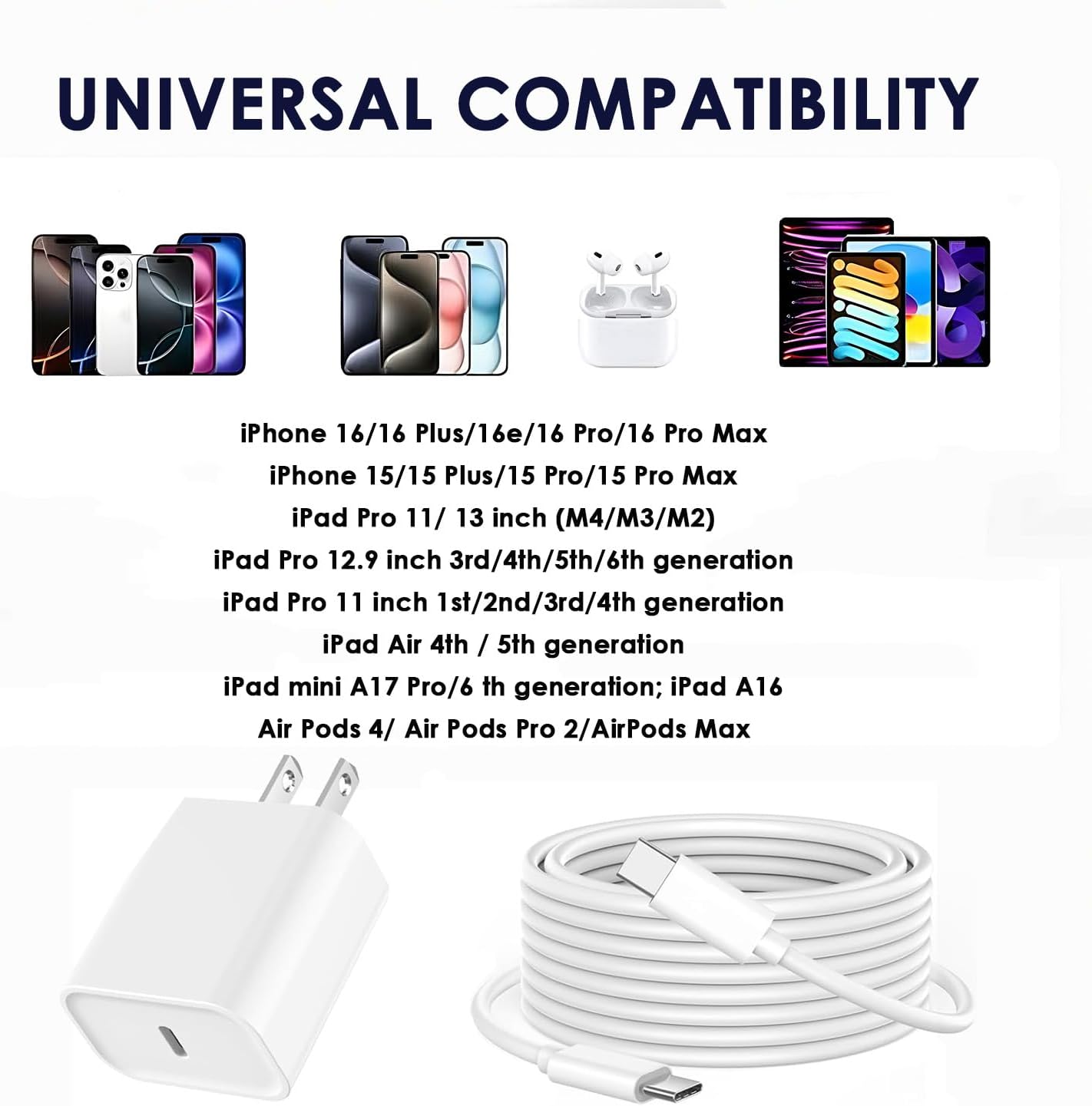 Cargador rápido para iPhone 17 16 15 de 10 pies, cargador de 20 W p...