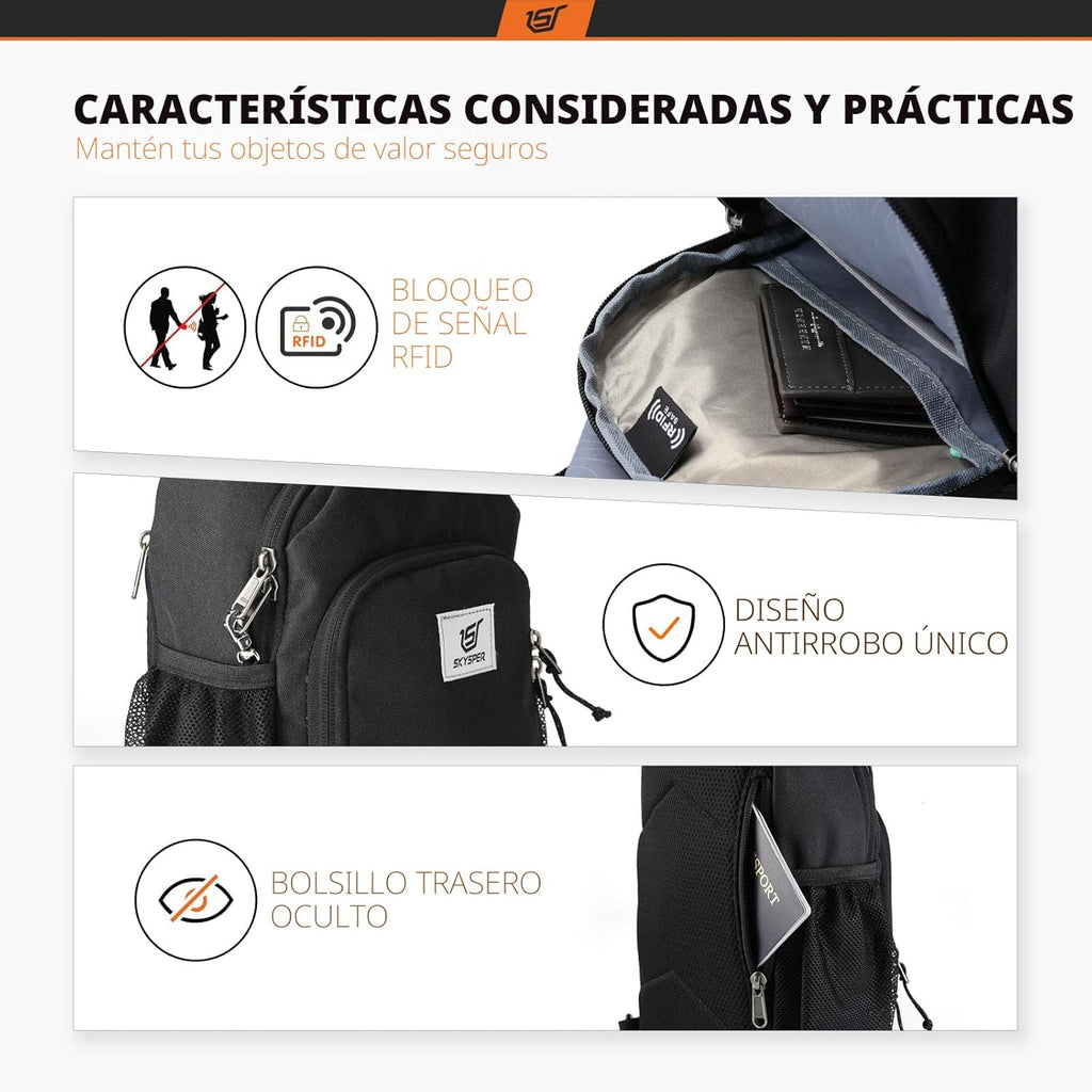SKYSPER - Mochila cruzada con bloqueo RFID, mochila de bandolera, m...