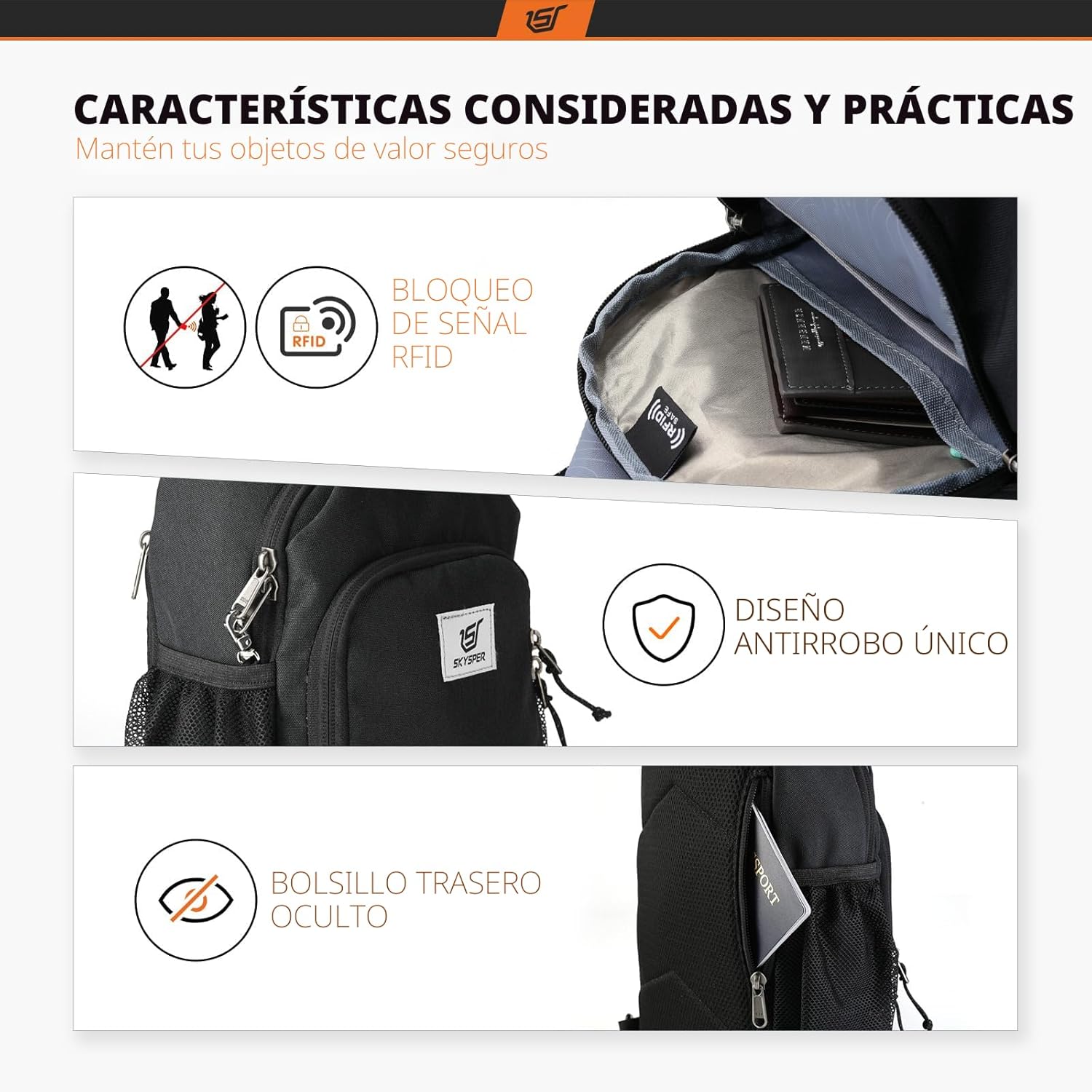 SKYSPER - Mochila cruzada con bloqueo RFID, mochila de bandolera, m...