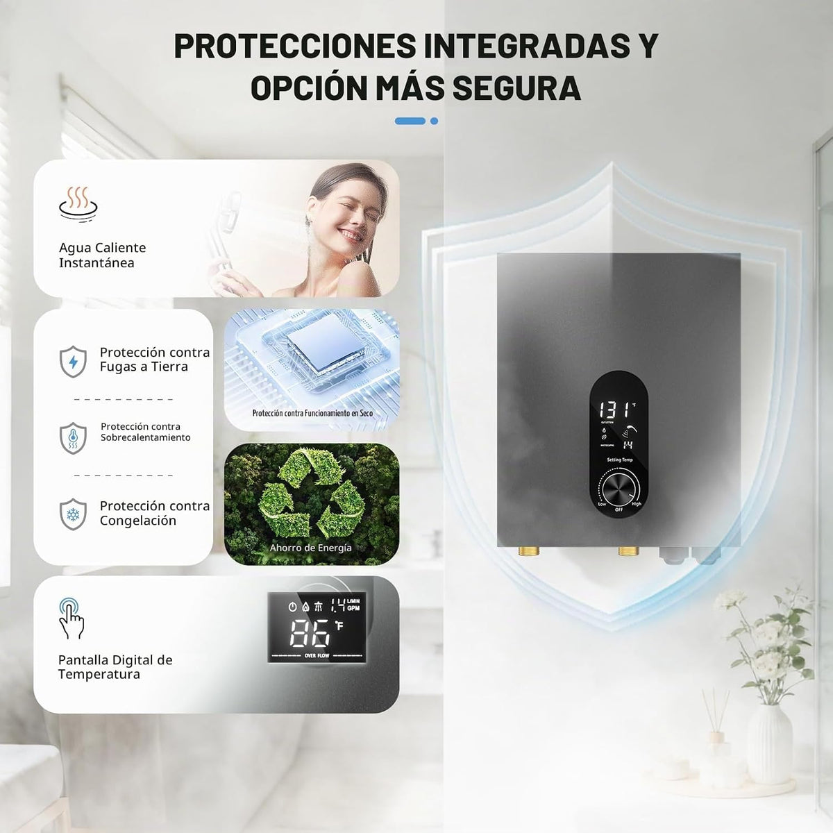 Calentador de agua sin tanque 18KW eléctrico con pantalla digital |...