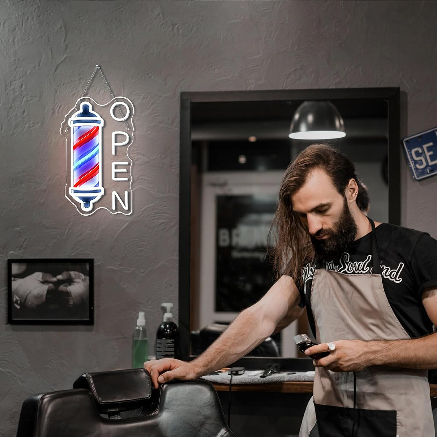 Letrero de neón abierto para decoración de pared de barbería para b...