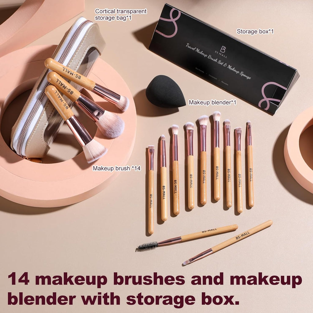 BS-MALL Juego de 14 brochas de maquillaje con 1 esponja de maquilla...