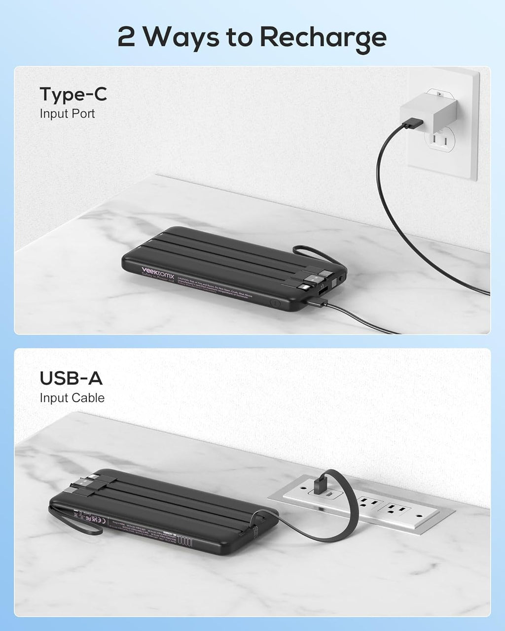 VEEKTOMX Cargador portátil de 10000 mAh con cables integrados, carg...