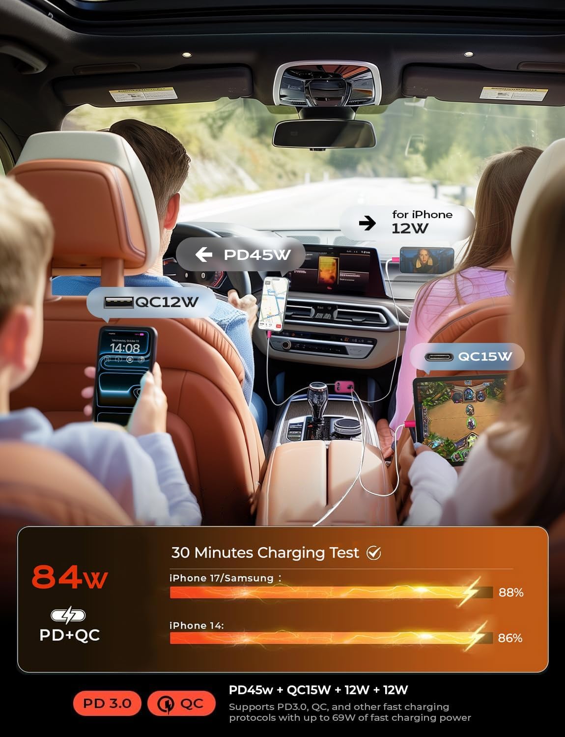 LISEN Cargador de coche retráctil, cargador de teléfono de coche de...