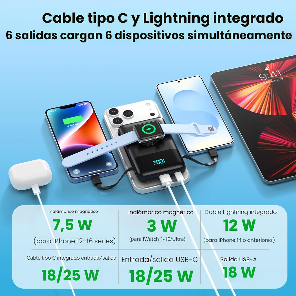 Cargador portátil magnético para iPhone con cable incorporado, banc...