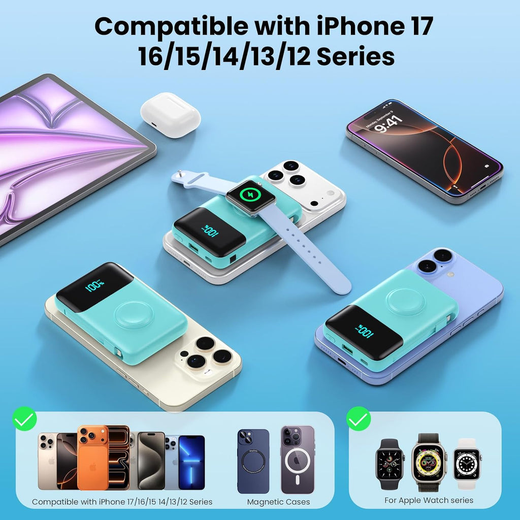 Cargador portátil magnético para iPhone con cable integrado, banco...