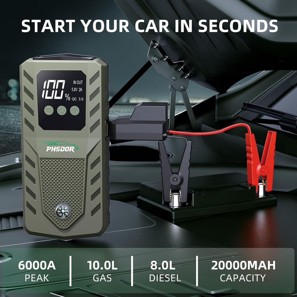 Arrancador de batería de automóvil de 6000 A, batería de 20000 mAh...