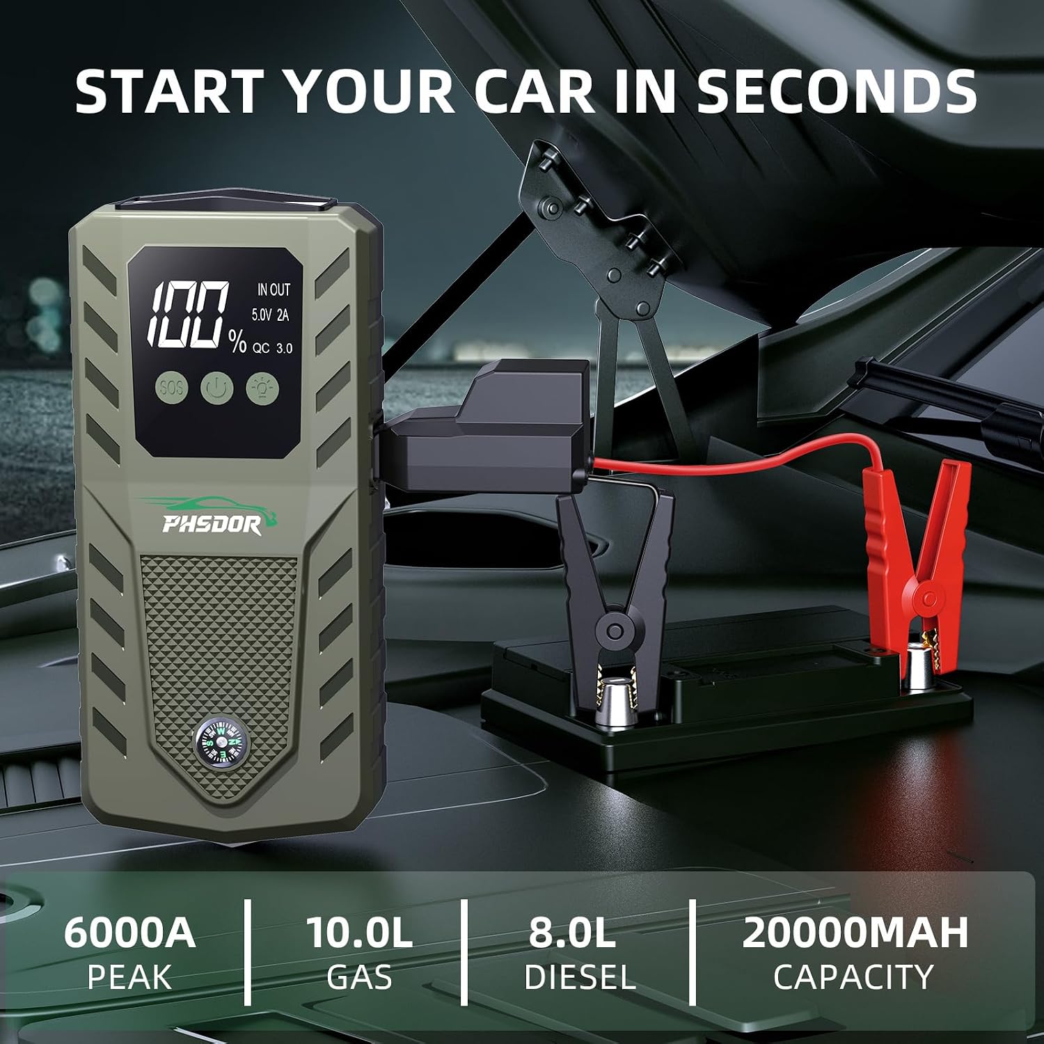 Arrancador de batería de automóvil de 6000 A, batería de 20000 mAh...
