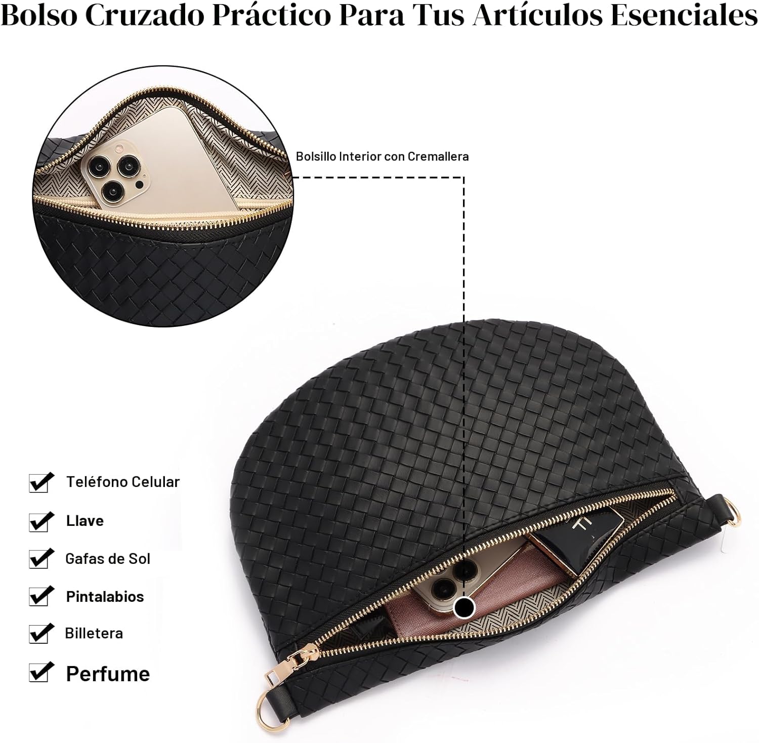Bolsos cruzados tejidos para mujer, riñonera de cuero tipo bandoler...