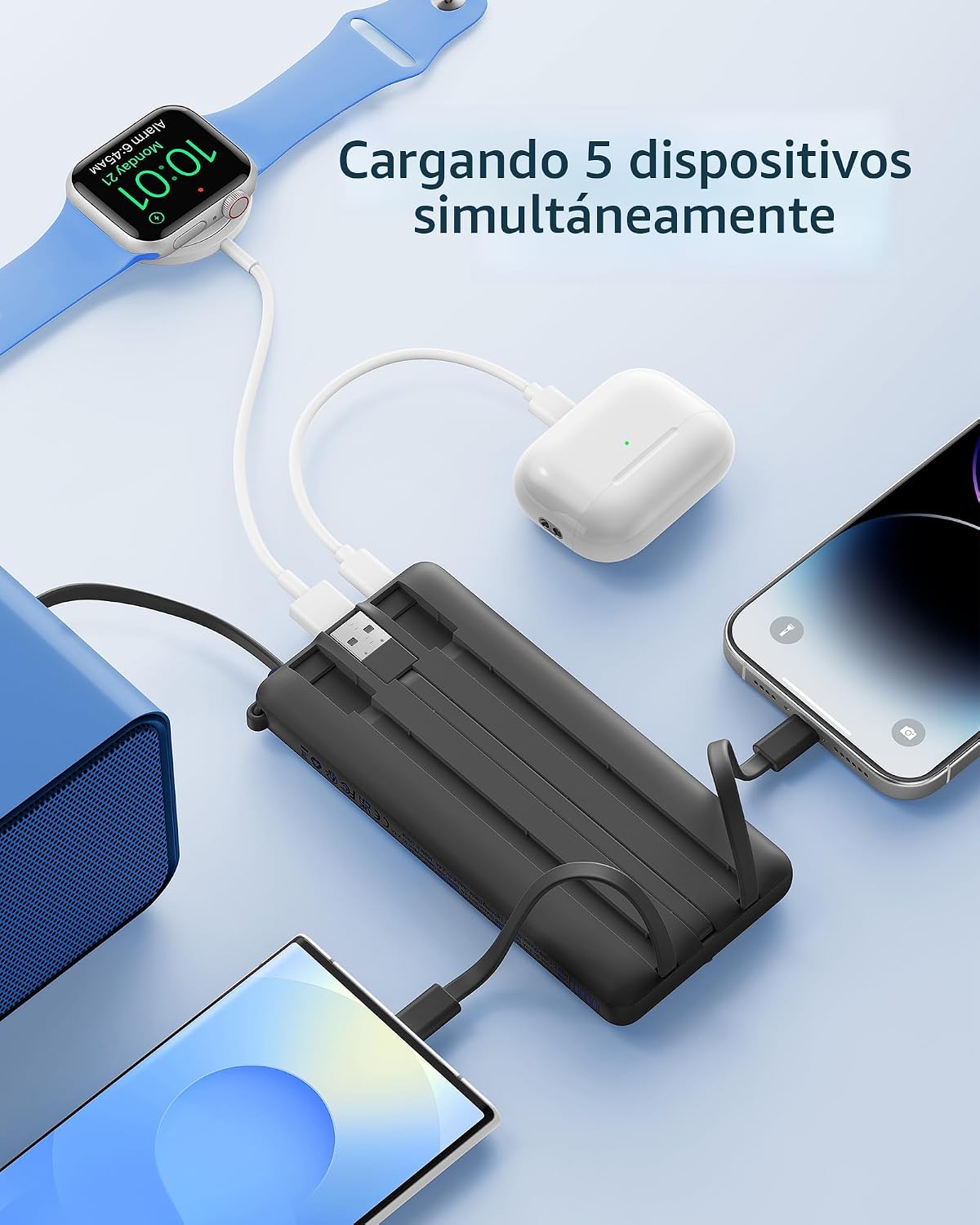 VRURC Cargador portátil, batería de viaje compacta con 4 cables int...