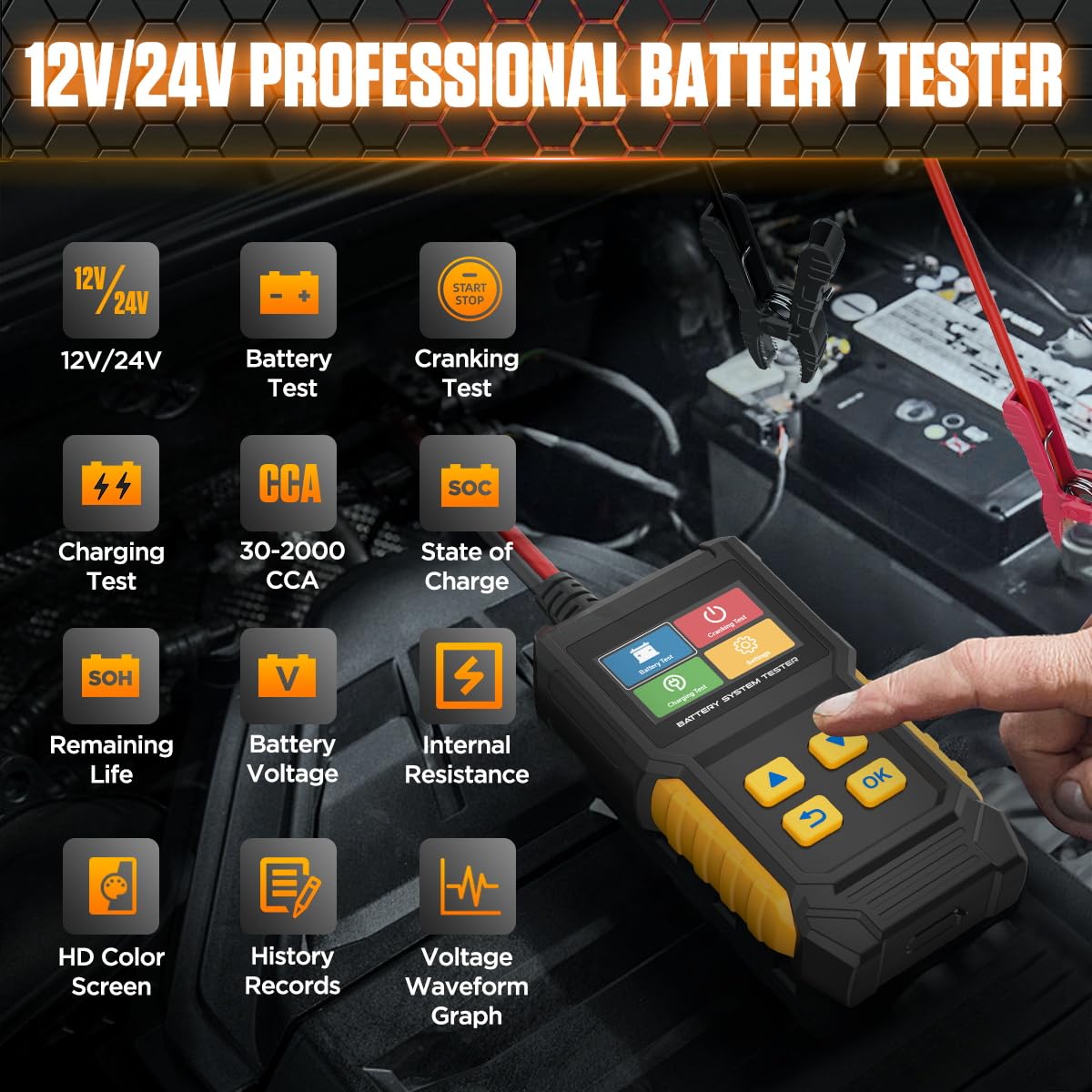 Probador de batería de coche 12V 24V Probador de carga de batería a...