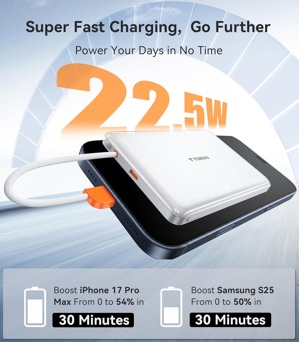 TORRAS Banco de Energía con Cable USB-C Incorporado (Sin-Inalámbric...