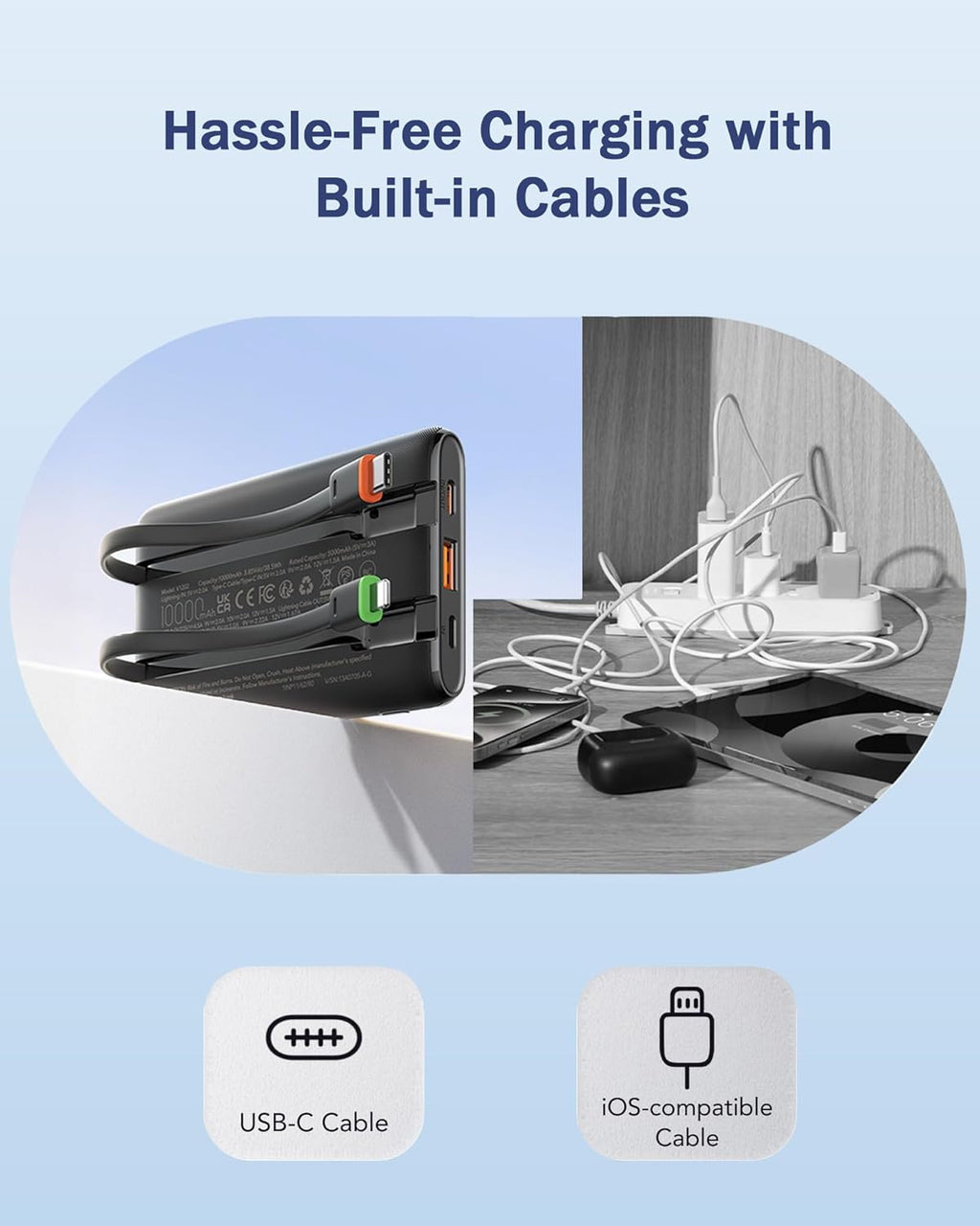 VEGER Cargador portátil con cables incorporados, batería externa de...