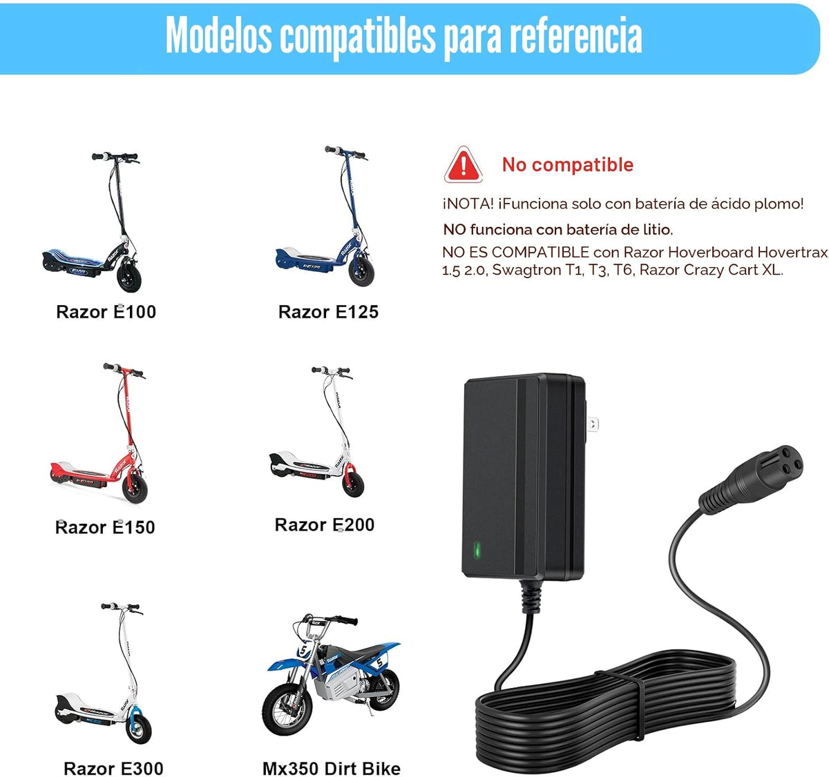 Cargador de scooter eléctrico de 24 V para Razor E300 E200 E150 E12...