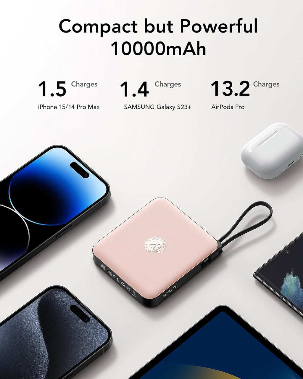VRURC - Cargador portátil para iPhone con cables integrados, 22.5 W...