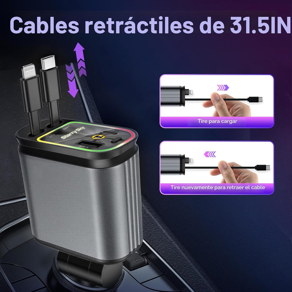 Cargador de coche retráctil, cargador de coche 4 en 1 de carga rápi...