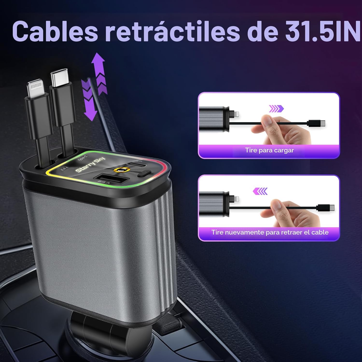 Cargador de coche retráctil, cargador de coche 4 en 1 de carga rápi...