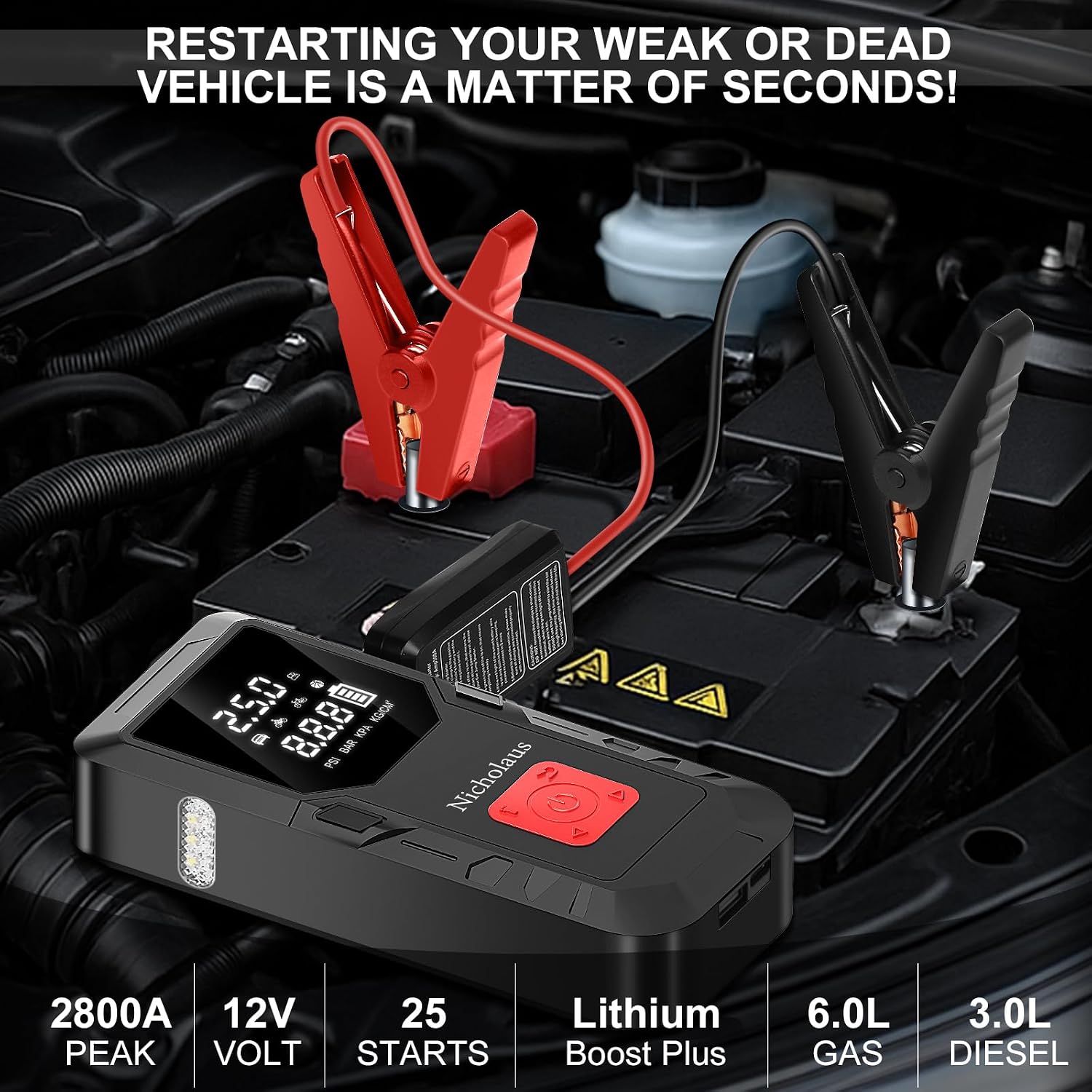Nicholaus Arrancador de batería de coche de 12 V, 8000 mAh, 2800 A...