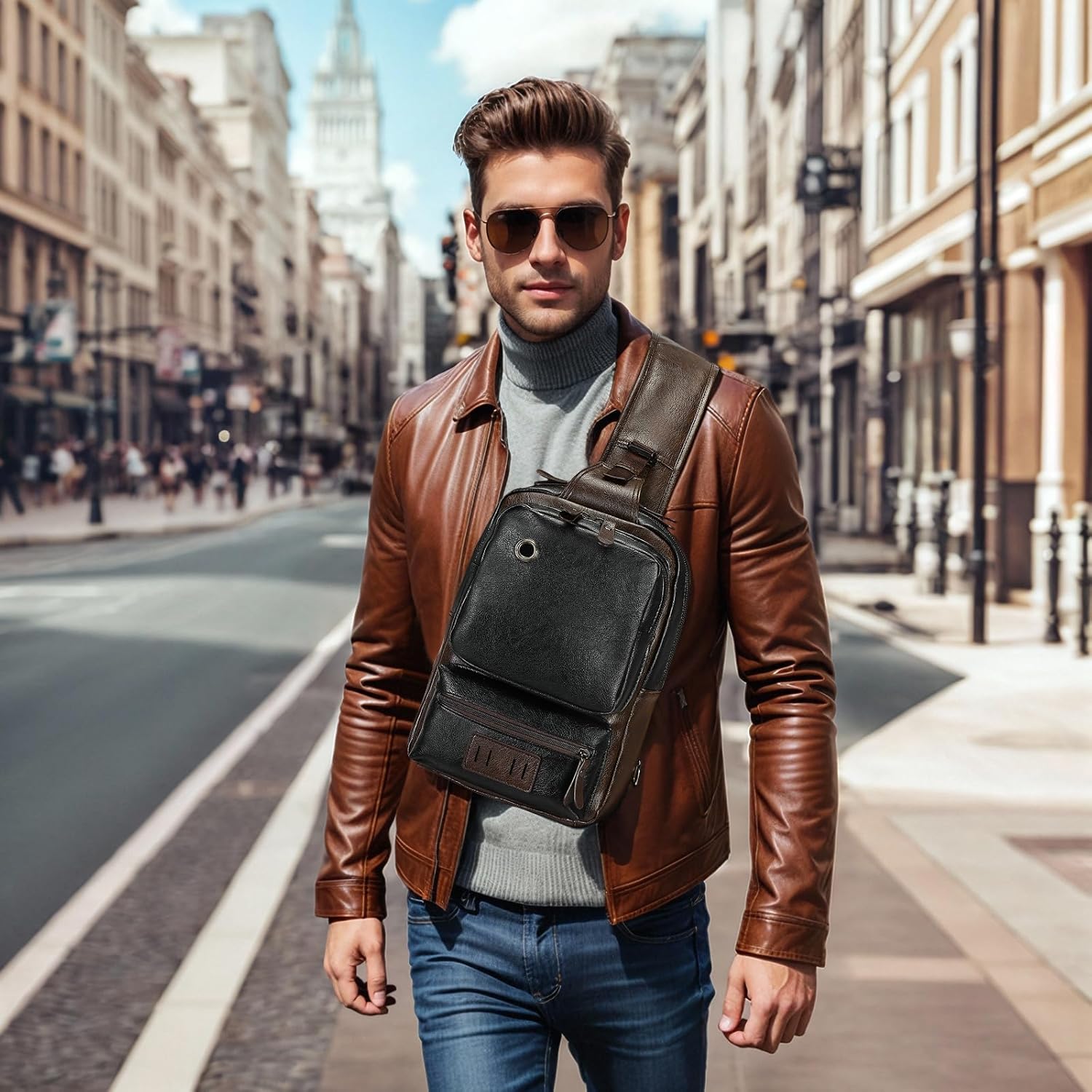 SUIKIHUM Mochila de cuero PU vintage para hombre, bandolera, correa...