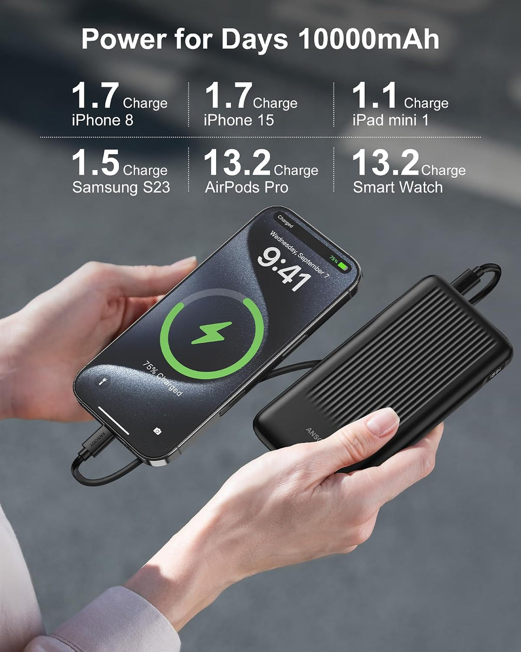 Ansody Paquete de 2 baterías de carga rápida de 10000 mAh, cargador...