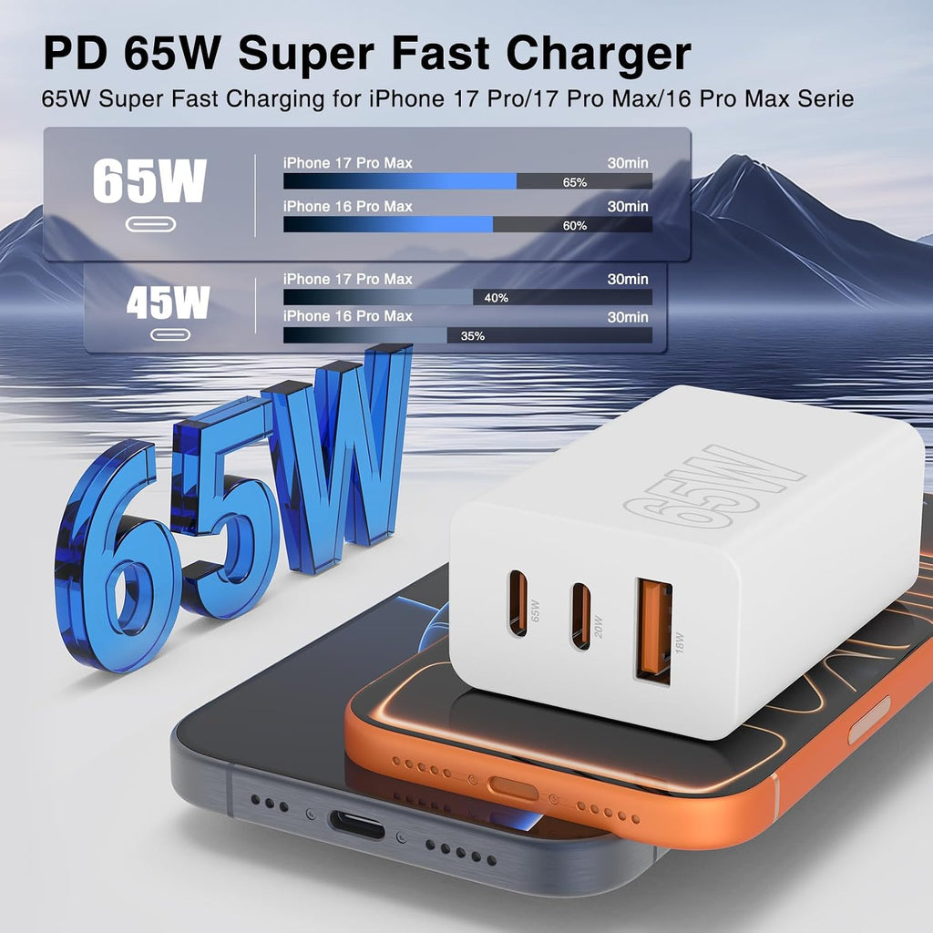 Cargador de carga rápida para iPhone 17 16 15 Pro Max de 65 W, 3 pu...