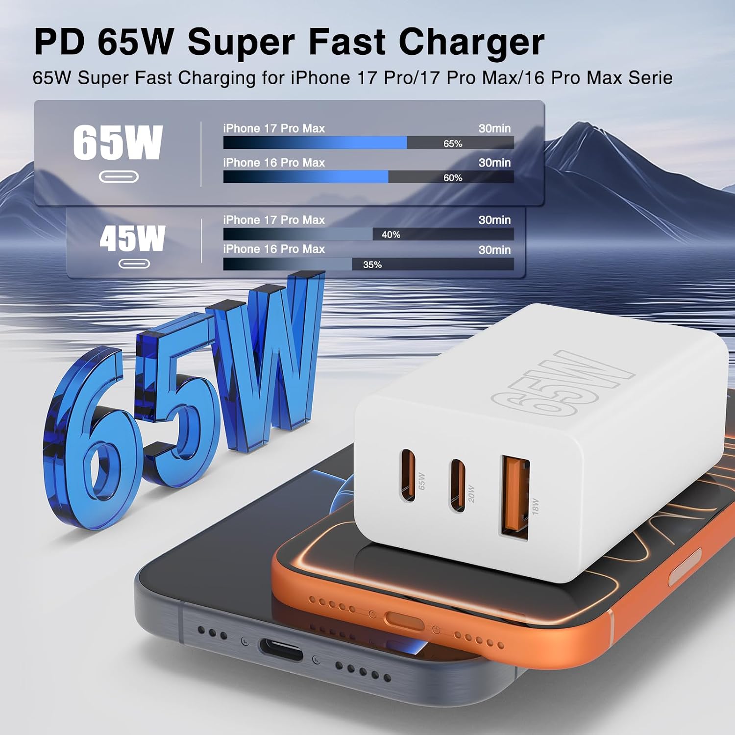 Cargador de carga rápida para iPhone 17 16 15 Pro Max de 65 W, 3 pu...