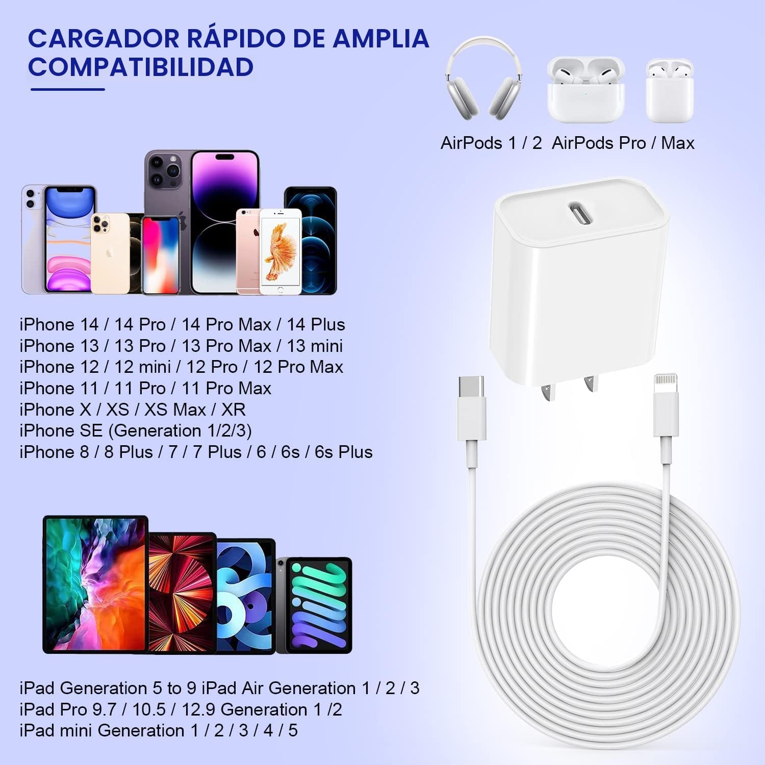 Cargador rápido para iPhone de 10 pies, paquete de 3 unidades extra...