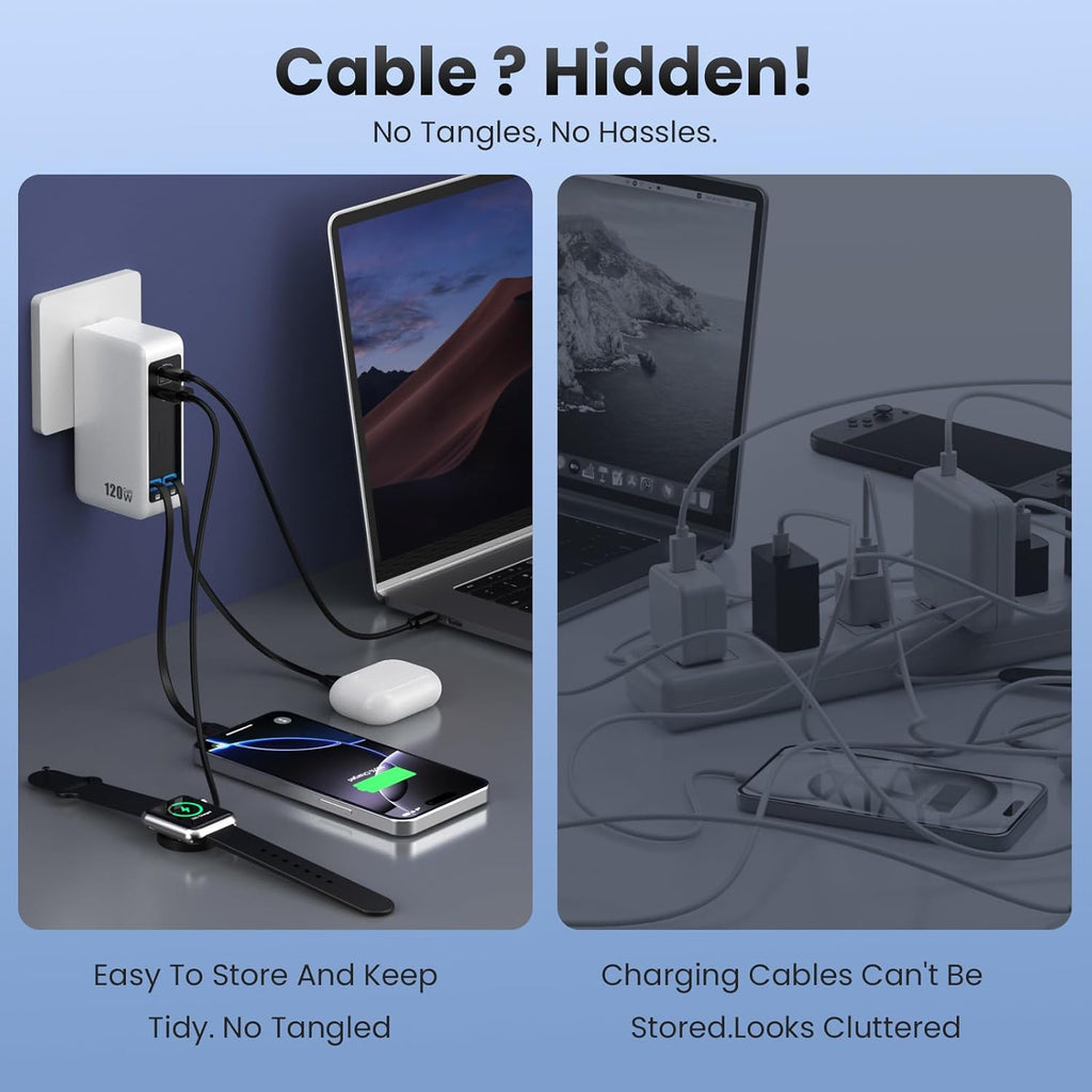 Bloque de Cargador USB C 120W con 2 Cables Retráctiles Integrados,...