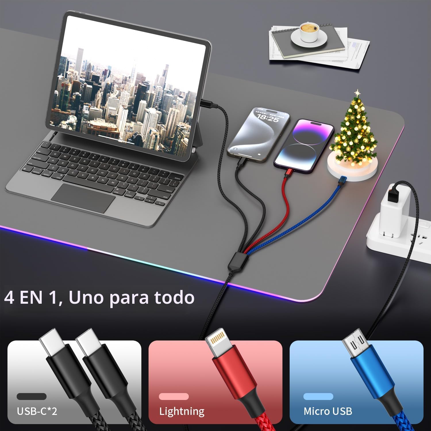 Cable de carga múltiple Dual Type-C 4 en 1 para múltiples dispositi...
