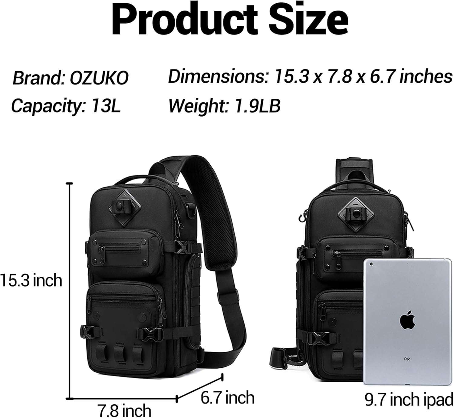 OZUKO Mochila táctica para pecho, bandolera y de hombro, impermeabl...