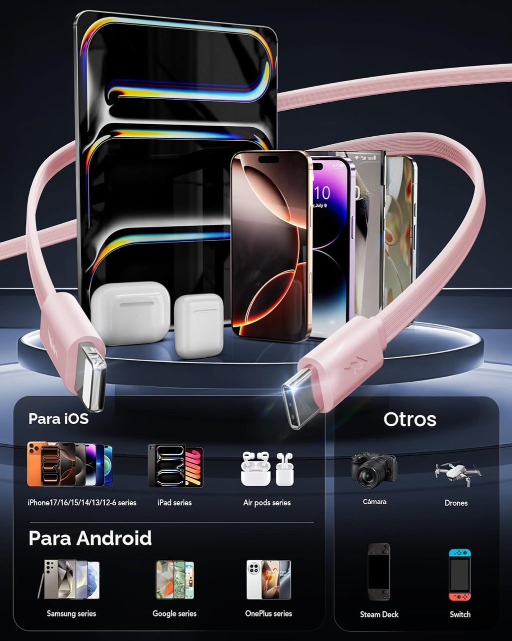 Cargador USB C retráctil de pared con cables tipo C de 35.5 pulgada...