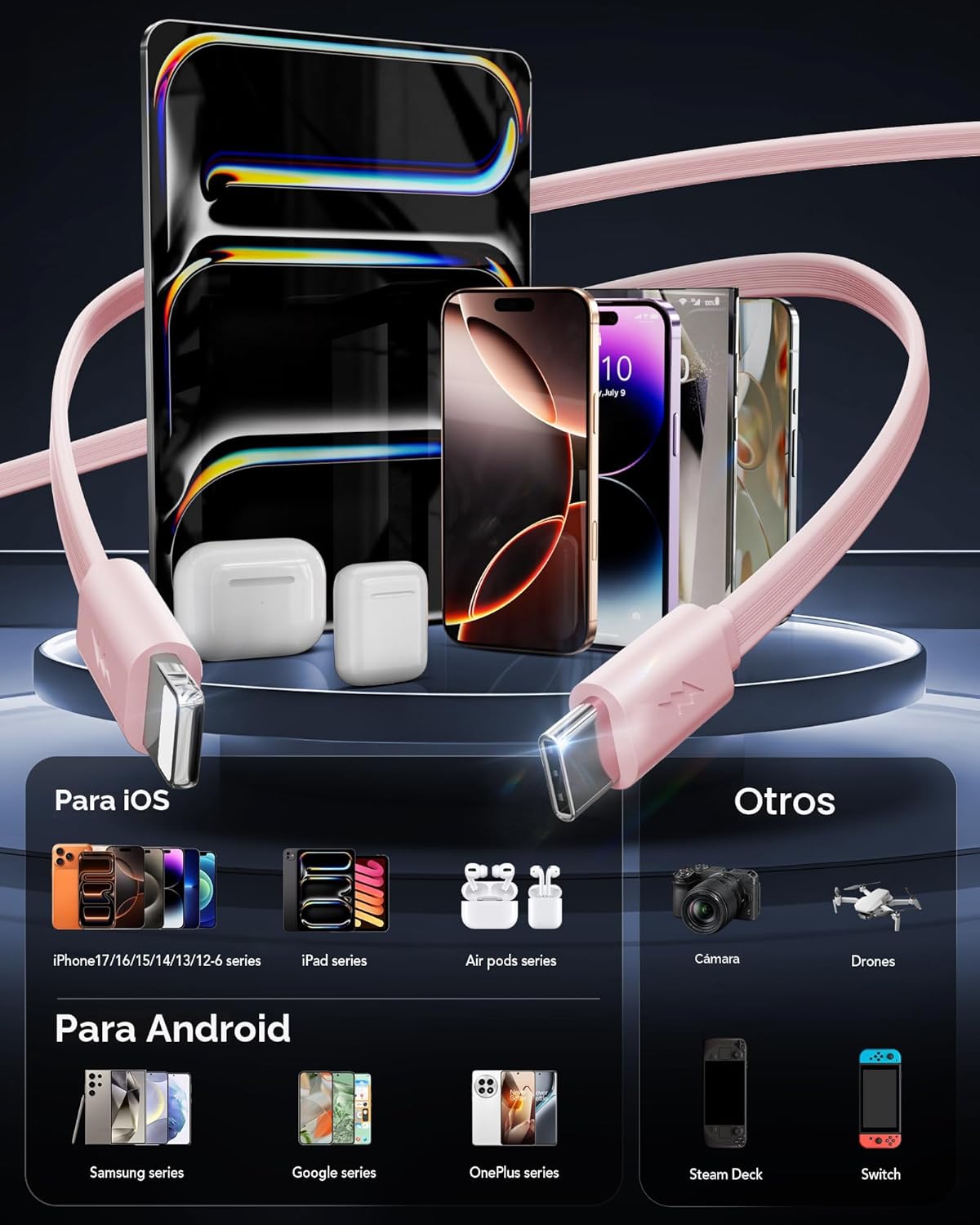 Cargador USB C retráctil de pared con cables tipo C de 35.5 pulgada...