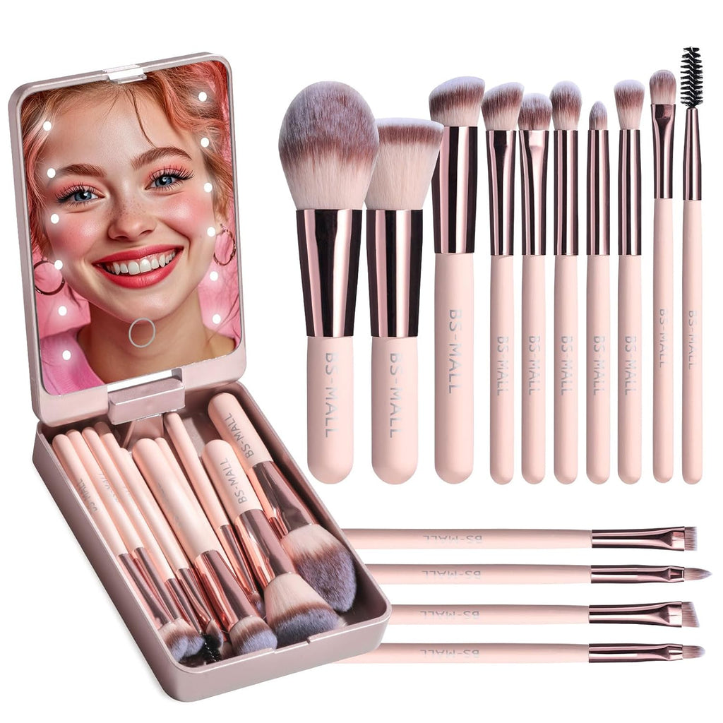 BS-MALL - Set de brochas de maquillaje con espejo LED, 14 piezas, b...