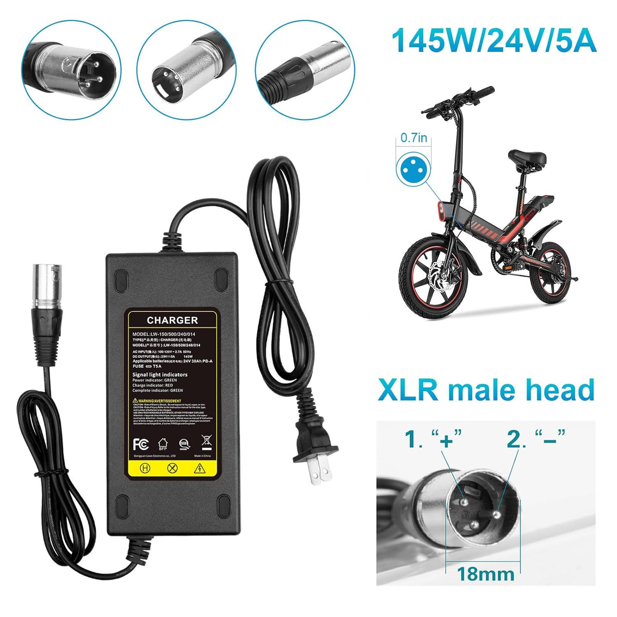 Cargador de batería con conector XLR macho de 3 pines de 24V 5A par...