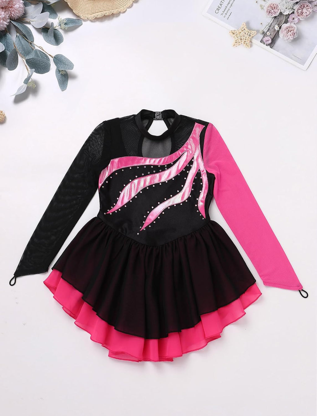 Vestido de patinaje artístico para niña, con cuello alto falso metá...