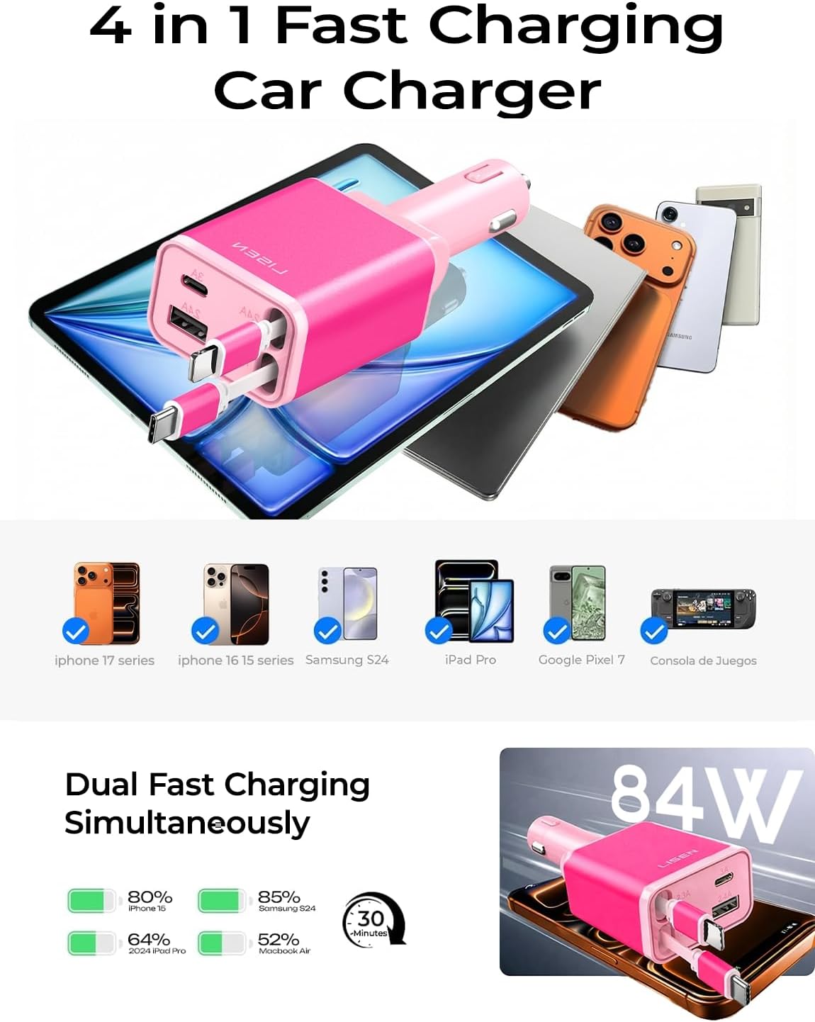LISEN Cargador de coche retráctil, cargador de teléfono de coche de...