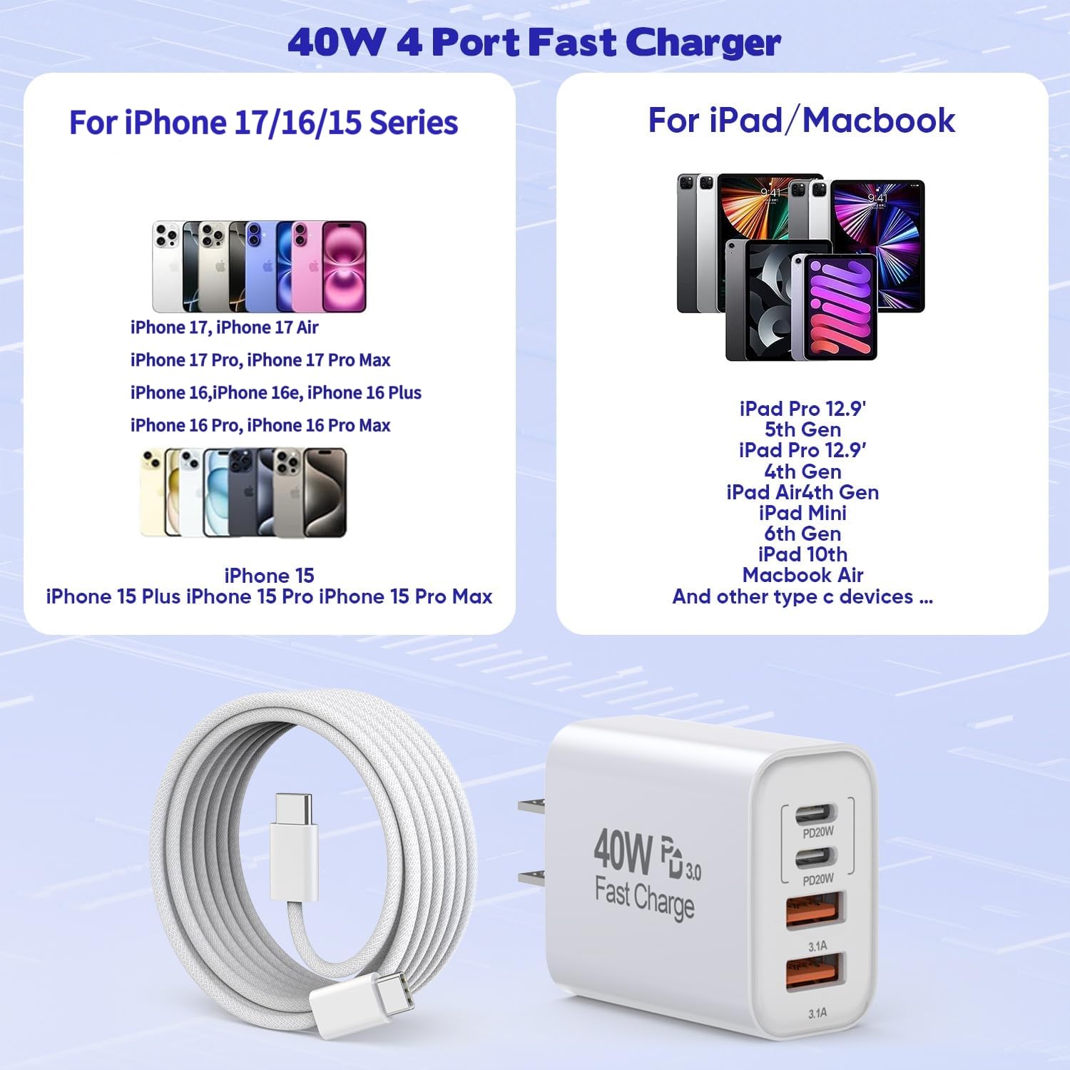 Cargador de 10 pies para iPhone 17, 16, 15 Pro, paquete de 2 cables...