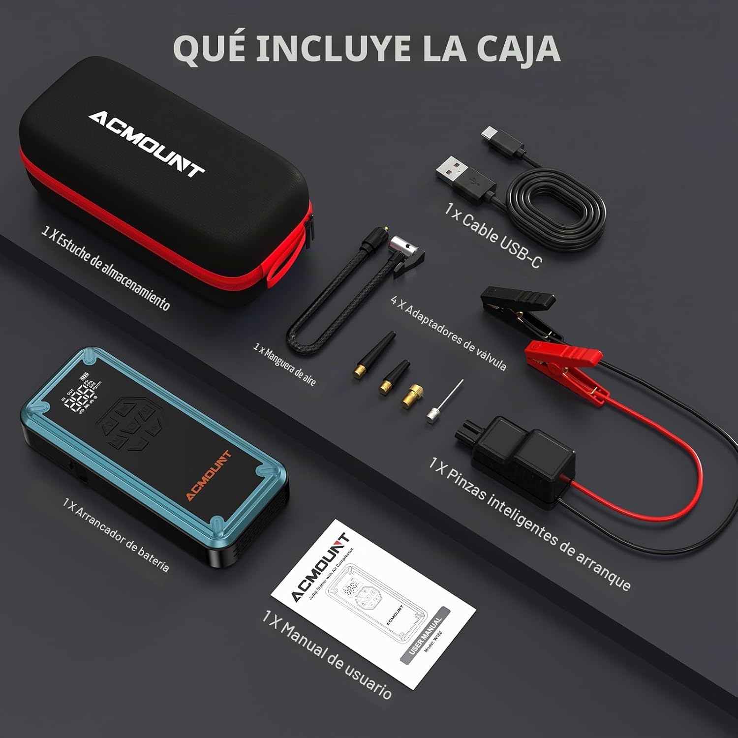 Arrancador de batería con compresor de aire, Acmount 5000A arrancad...