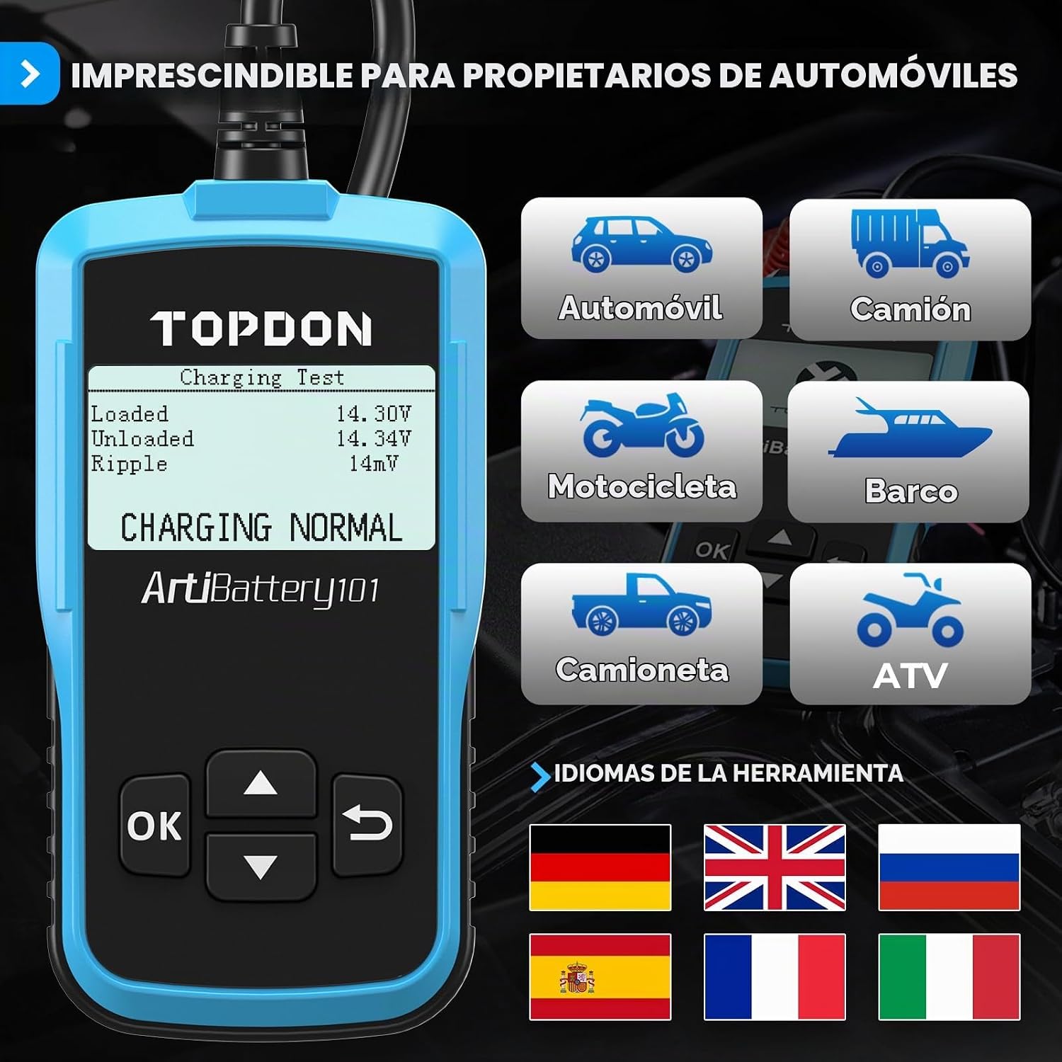 TOPDON AB101 Probador de Batería de Coche 12V Probador de Carga de...