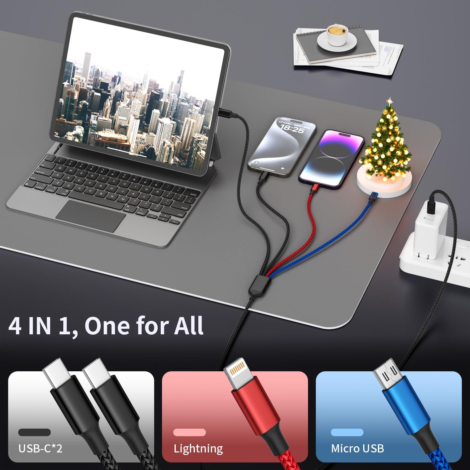 Cable de carga USB C a 4 en 1 con doble puerto tipo C de 5 pies, ca...