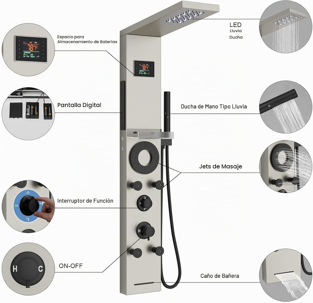 Hoimpro Sistema de torre de panel de ducha LED de níquel cepillado,...